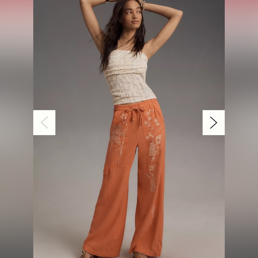 NWT Anthropologie Pilcro Embroidered Beach Linen Cargo Pants